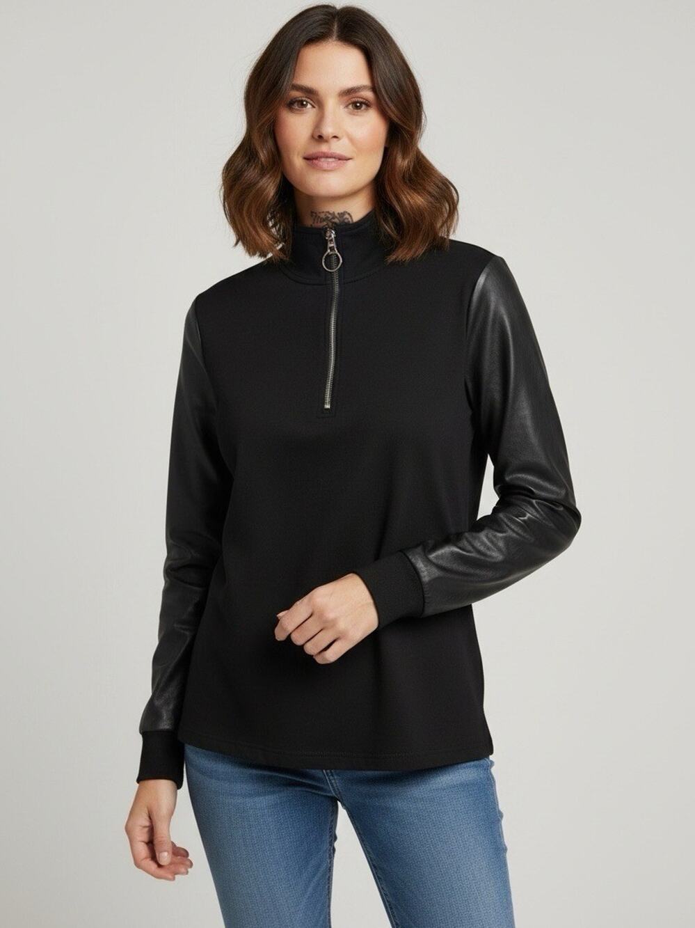 Chico’s Zenergy Faux Leather Sleeve Mix 1/4 Zip Pullover Black Medium NWOT